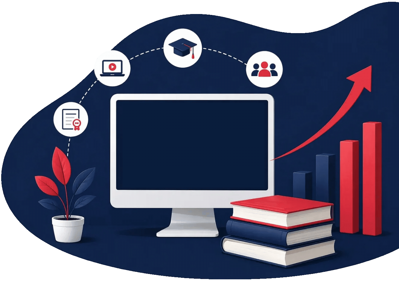 Ilustración de una computadora con el logo de FORMAKIT, libros y símbolos de aprendizaje online sobre un fondo azul y blanco con una flecha de crecimiento ascendente.